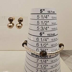 Hammered‎ Silver Tone Tiger Eye Bead Bracelet & Faux Pearl Stud Earrings Set